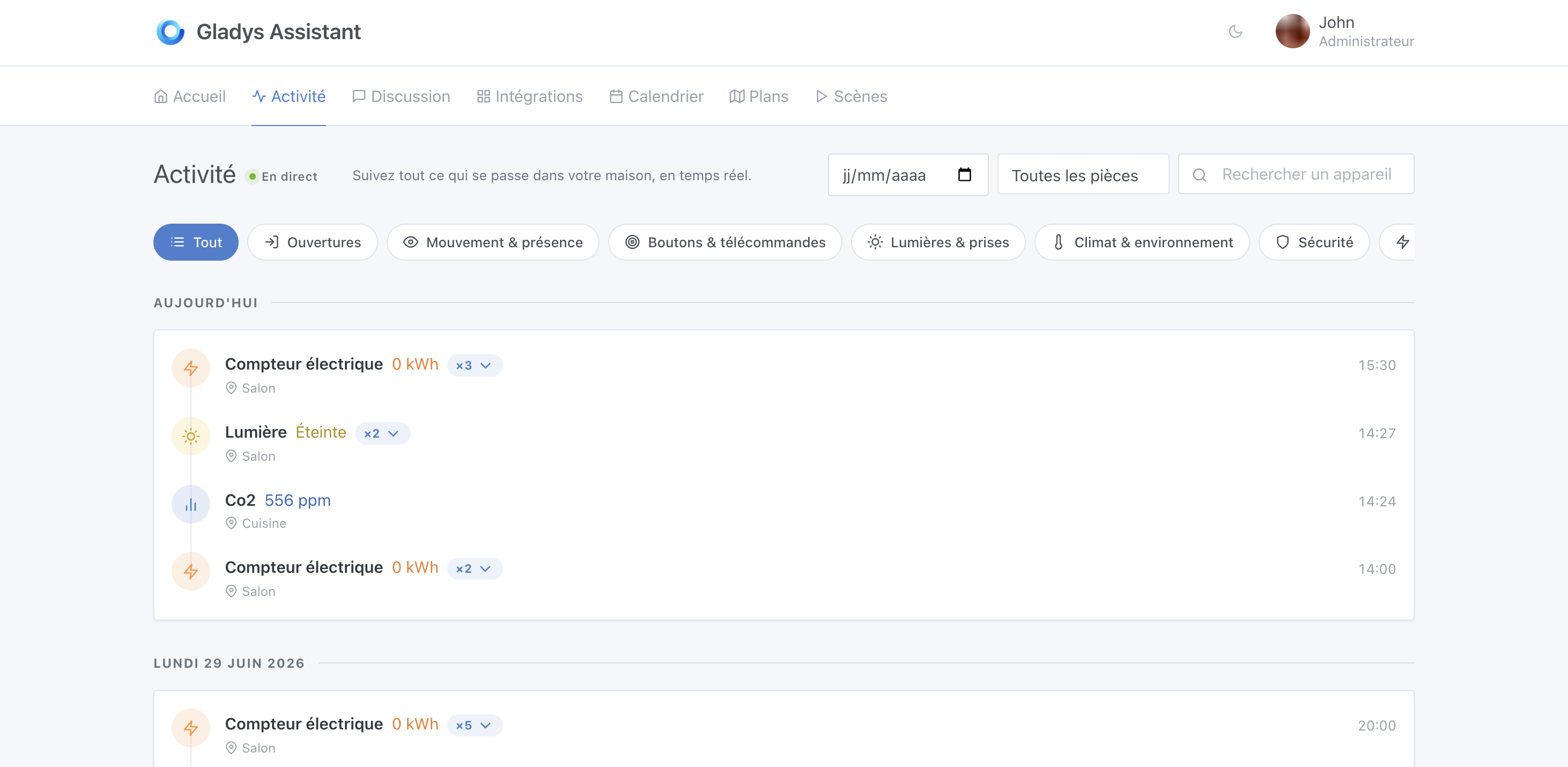 Gladys Activity journal timeline
