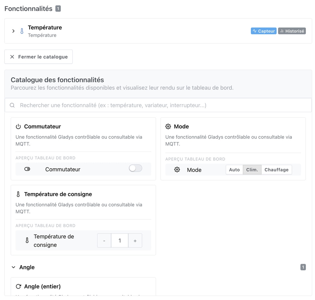 Gladys MQTT feature catalog with dashboard preview